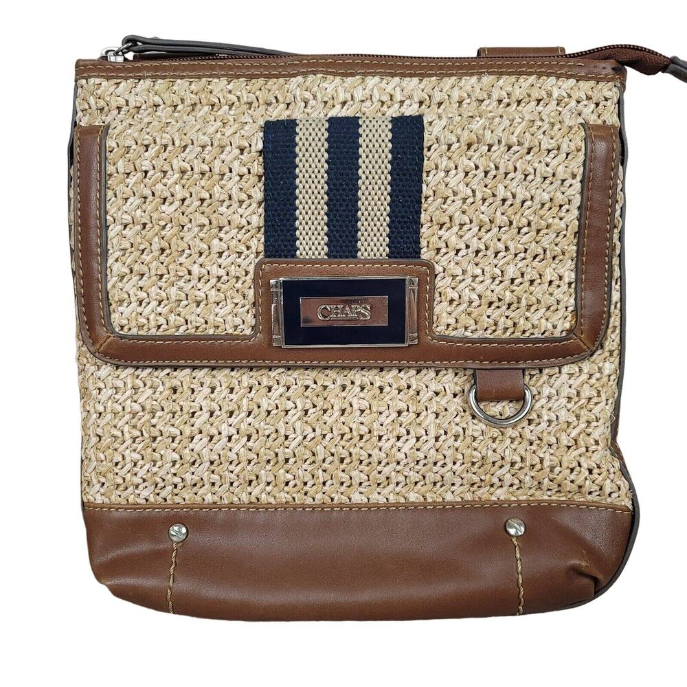 Crossbody Purse CHAPS Stony Brook Straw Vegan Faux Leather Cloth Strap Slim